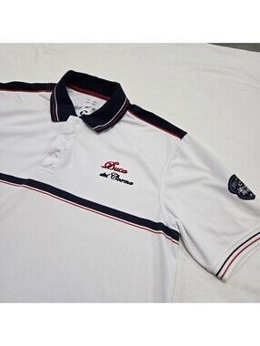Sz XL Vintage Duca Del Cosma White Polo Shirt Golf Navy/Red Accent Logo Duca-Dry